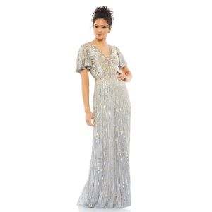 Mac Duggal Embellished V Neck Butterfly‎ Sleeve Column Gown Platinum- NWT